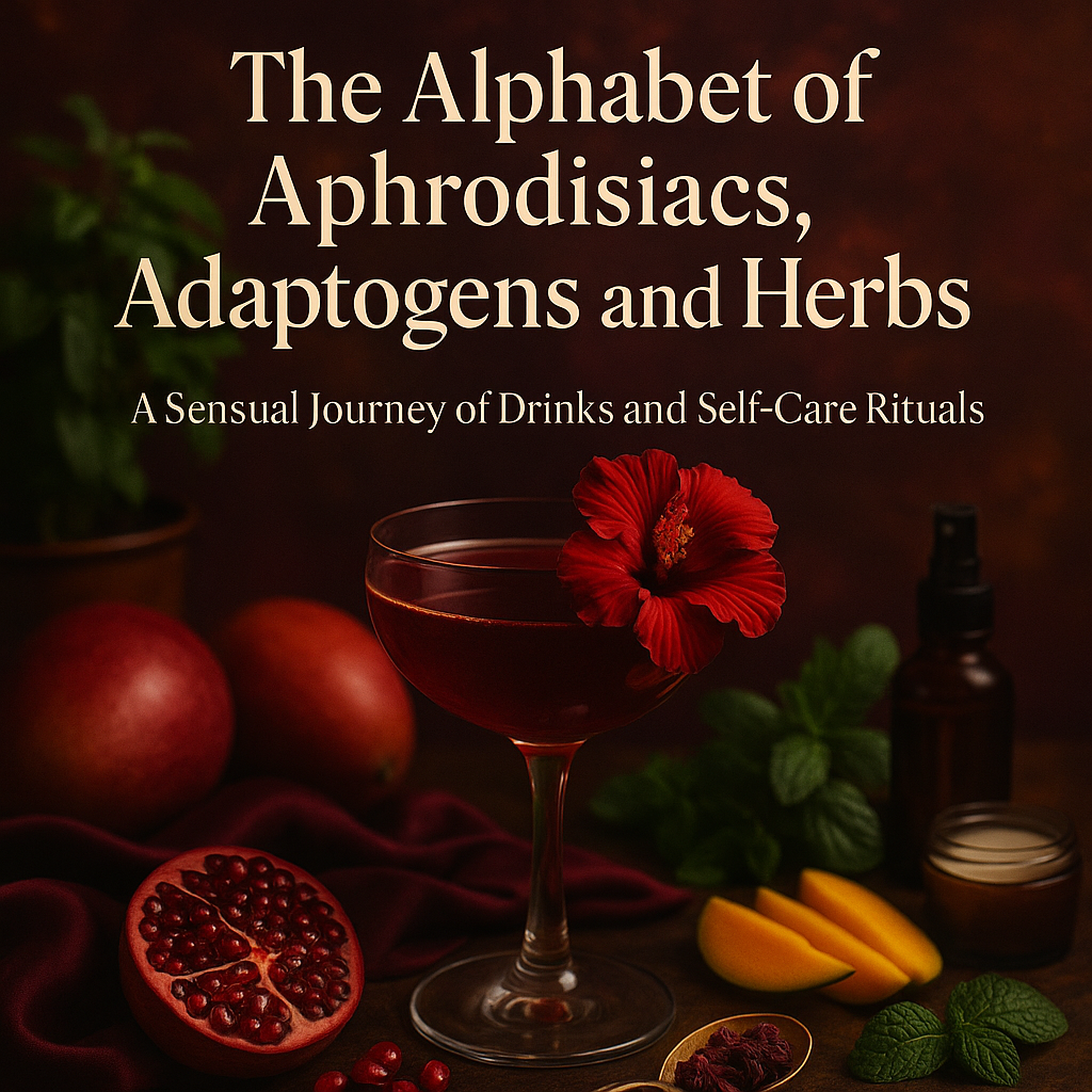 Promotional graphic for 'The Alphabet of Aphrodisiacs, Adaptogens and Herbs' with a glass of red wine and a red flower.